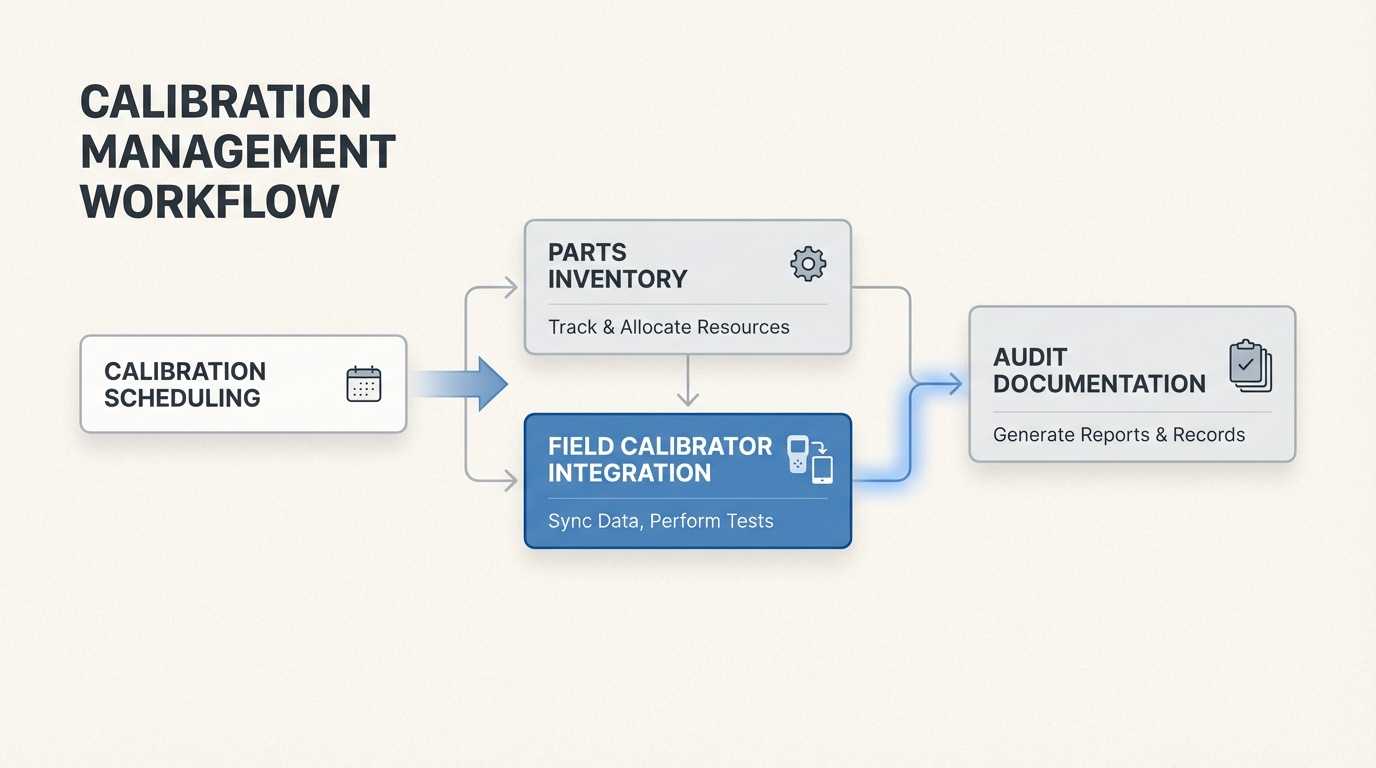 Calibration management dashboard connecting scheduling, parts inventory, and compliance documentation