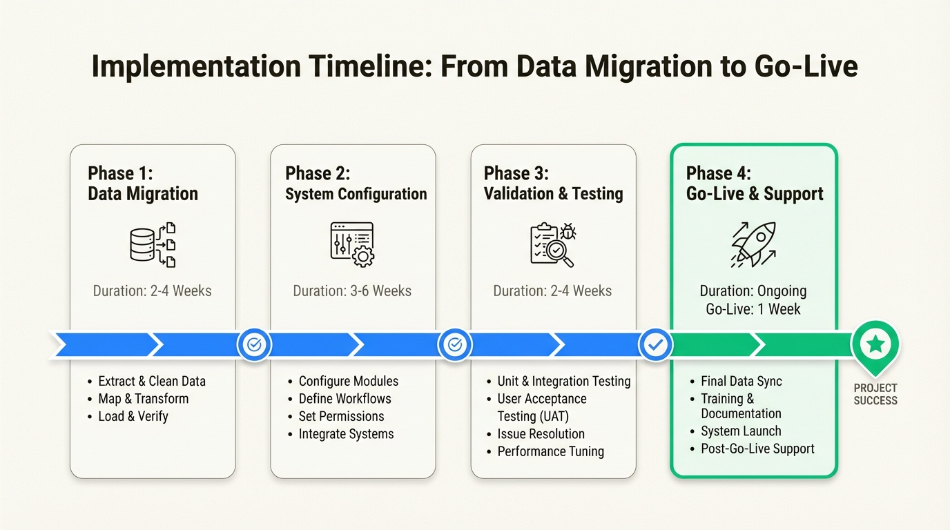 Software implementation timeline from initial setup through full deployment