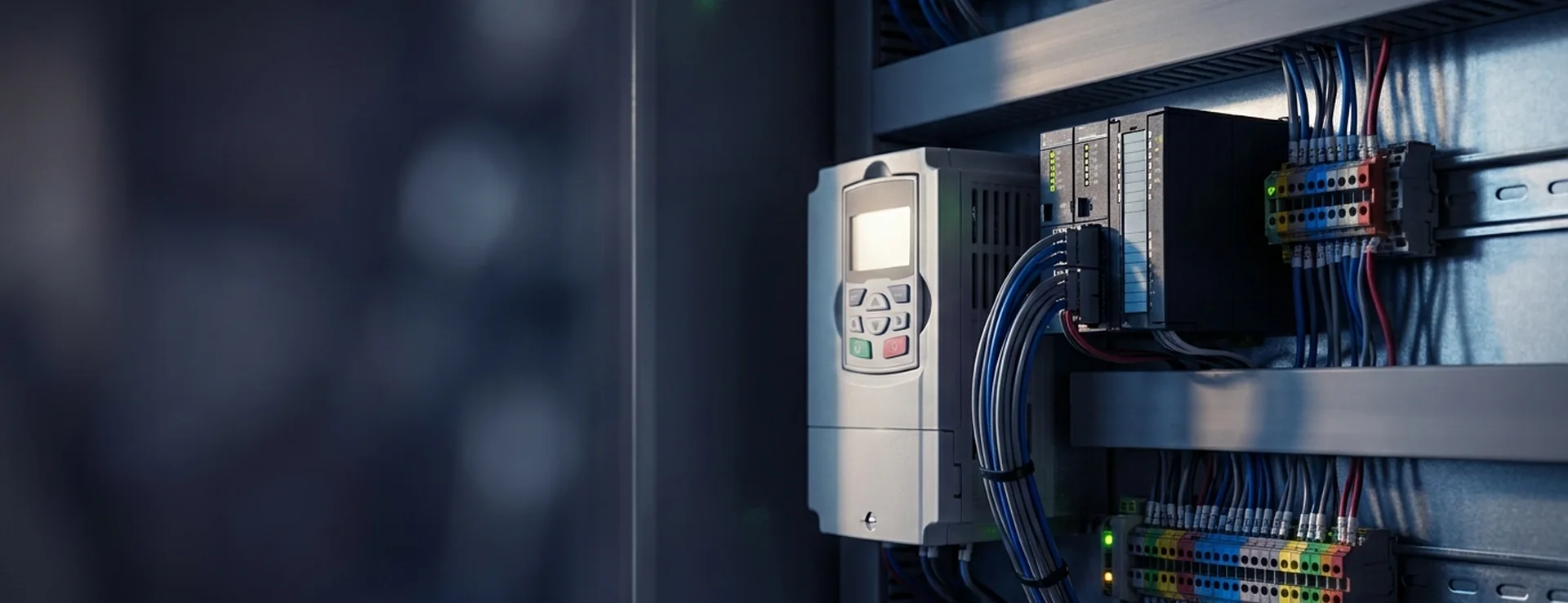 Variable speed drive and PLC modules in a control cabinet